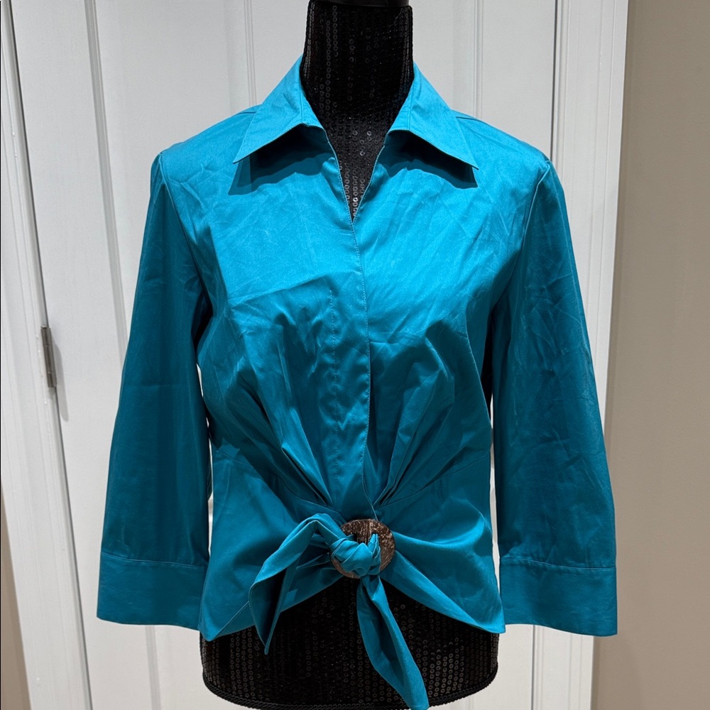 Lafayette 148 New York Turquoise Blouse with Front Knot